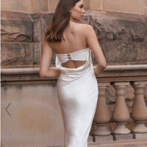 CHARLITA STRAPLESS COWL BACK SATIN MAXI DRESS IN PEARL